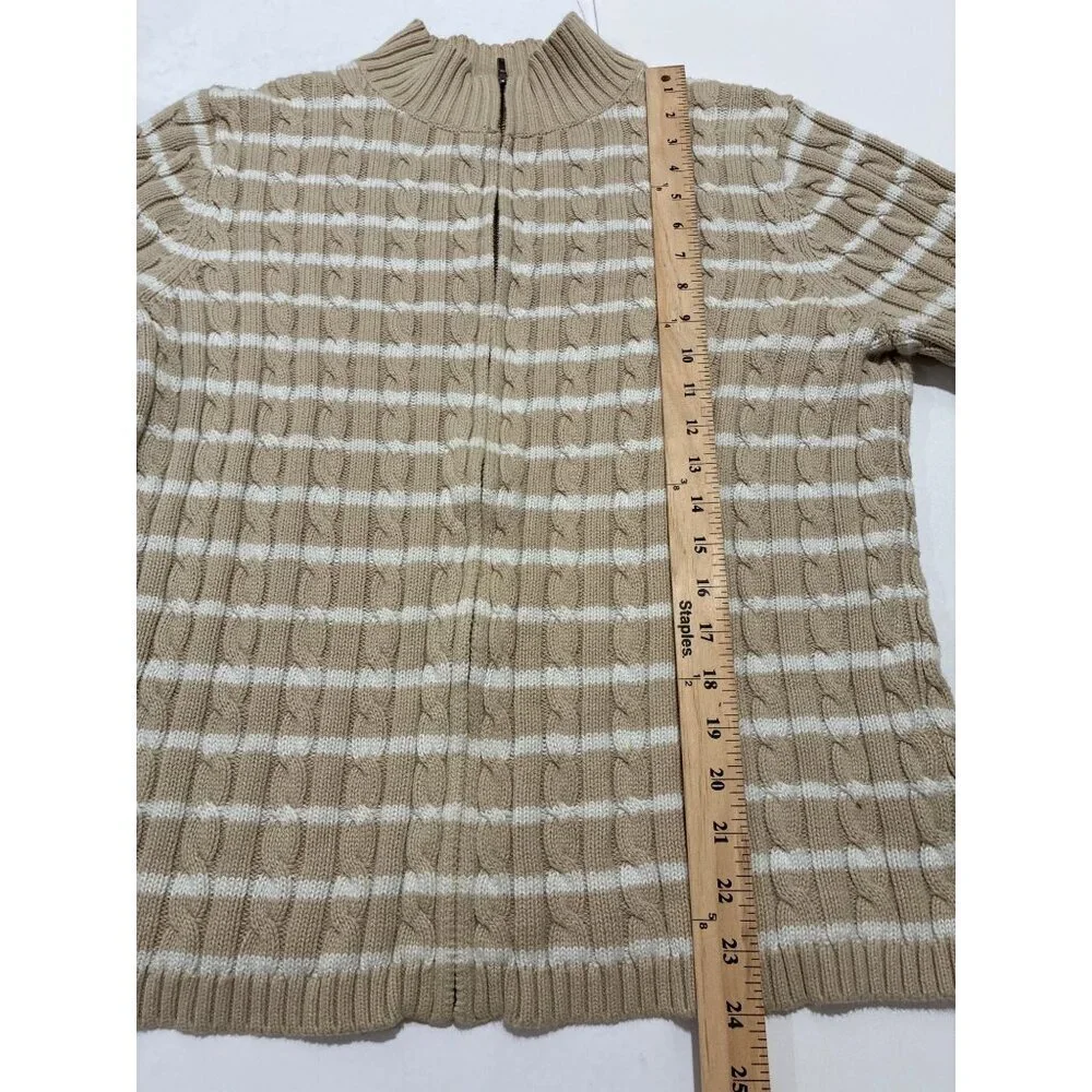 L.L.Bean womens tan white striped cable knit full-zip sweater cardigan cotton Xl